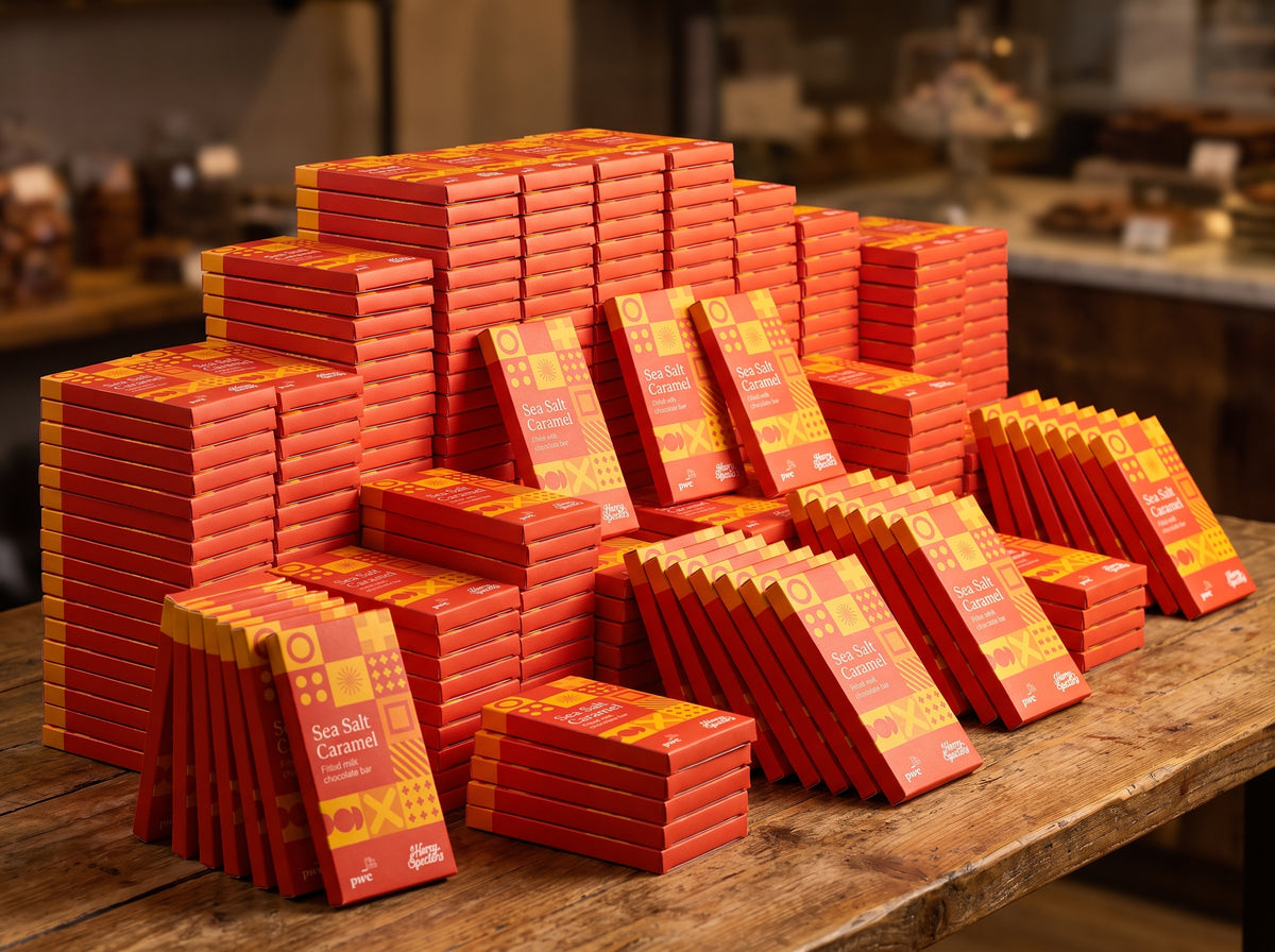 Stacks of red and yellow Sea Salt Caramel chocolate bars in branded packaging arranged on a rustic wooden table in a bakery setting.