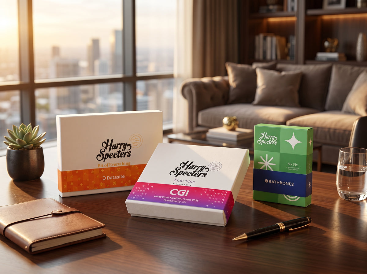 Three chocolate boxes with branded wraps around each one sit on a wooden living room table. 