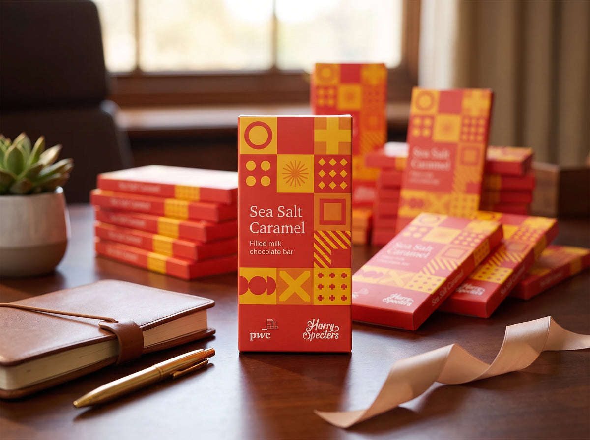 A boxed Sea Salt Caramel chocolate bar stands on a wooden table, surrounded by multiple matching red and yellow boxes, a notebook, a pen, and a small plant in a softly lit indoor setting.