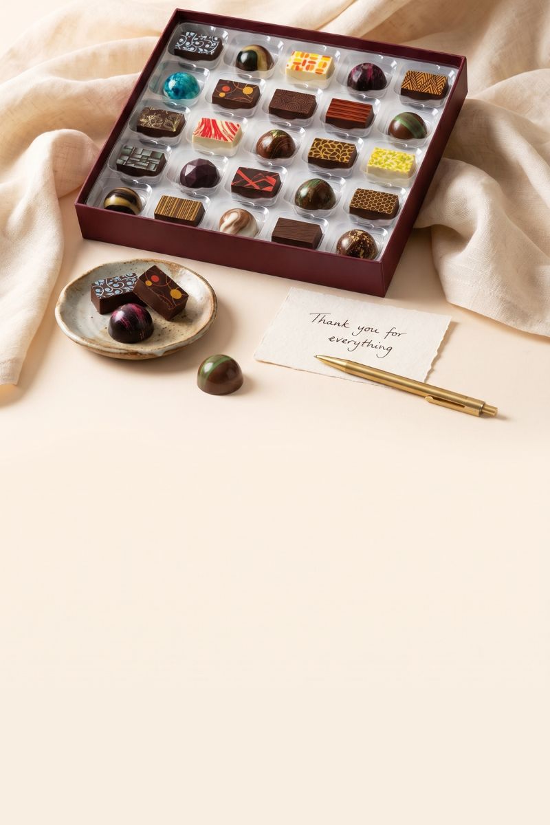 Box of chocolates with a small dish and pen on a beige surface