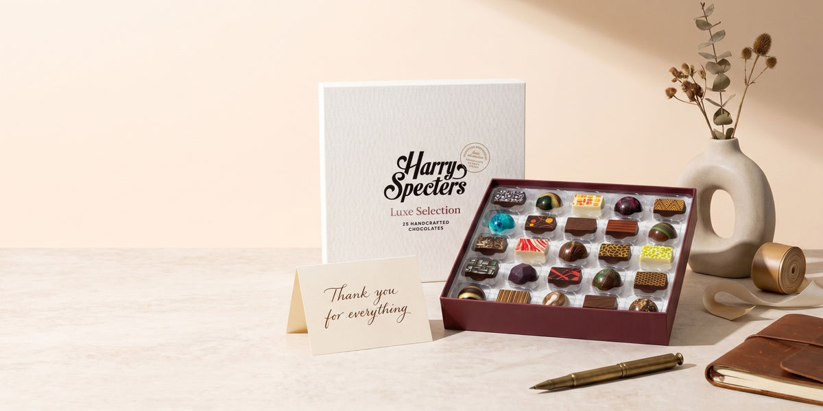 Box of chocolates with a card and pen on a table, featuring 'Harry Specter's Luxe Selection'.