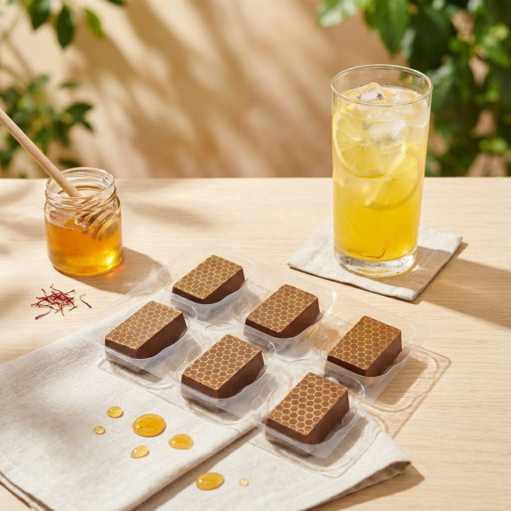 Honey and saffron chocolates on a table with a glass of lemonade and a jar of honey.