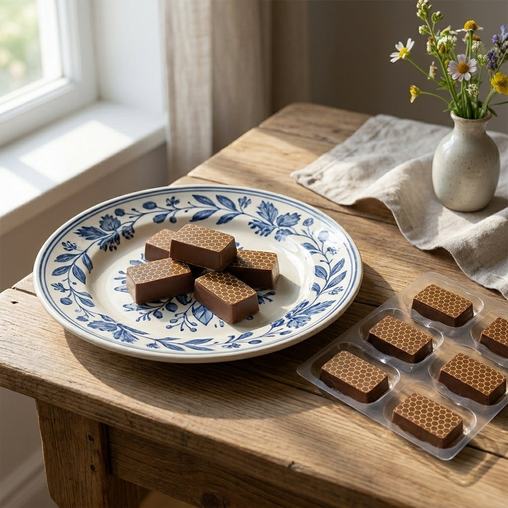 Honey and saffron chocolates on a decorative plate and table with a vase of flowers.