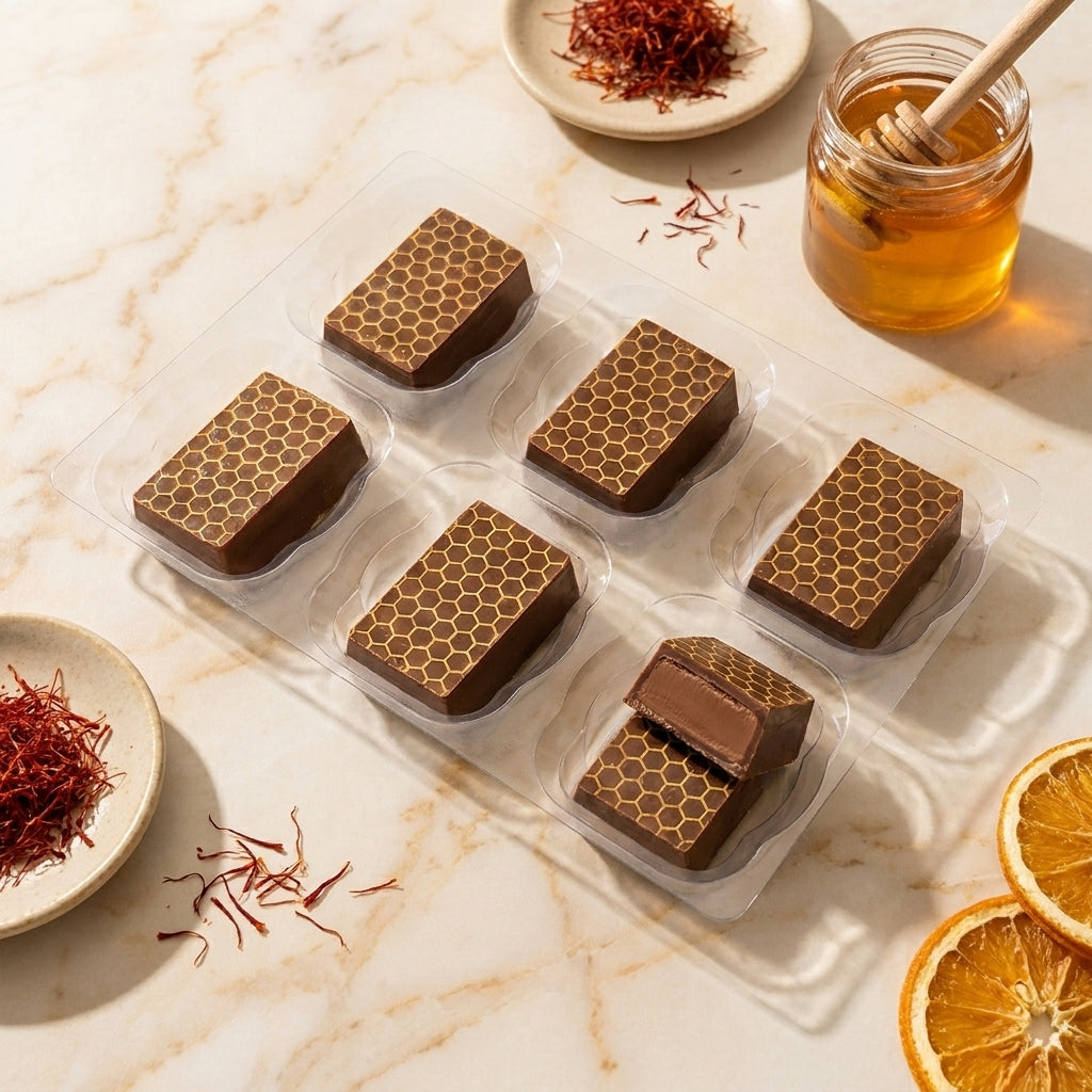 Chocolate truffles with honeycomb pattern on a marble surface with honey and saffron.