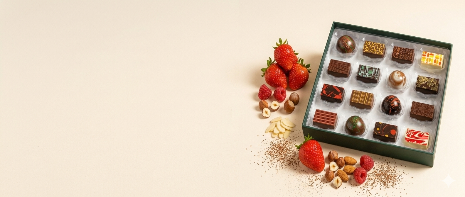 Assorted artisan chocolates in a box with strawberries and nuts on a beige background
