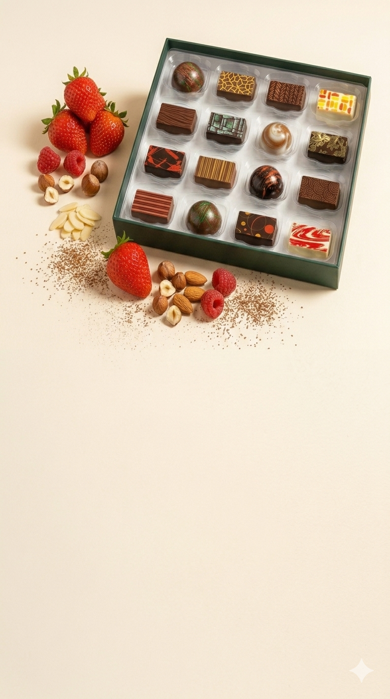 Assorted artisan chocolates in a box with strawberries and nuts on a beige background