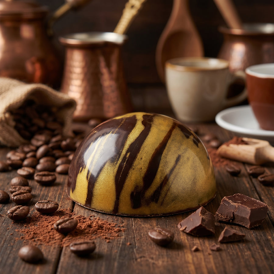 A macro image of intense coffee chocolate with coffee beans and cups on a wooden surface