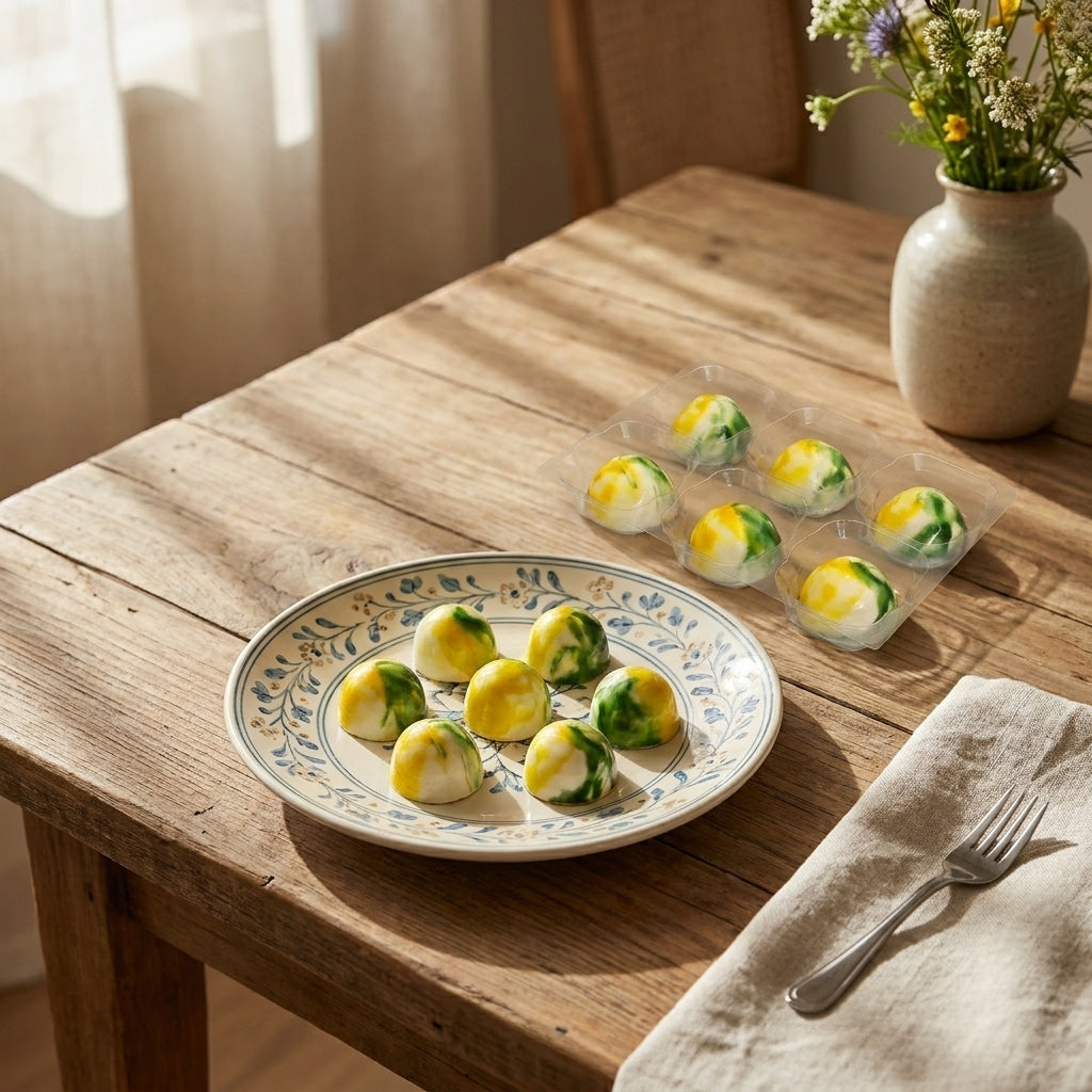 Lemon elderflower chocolates on a plate and in packaging on a wooden table with a vase of flowers.