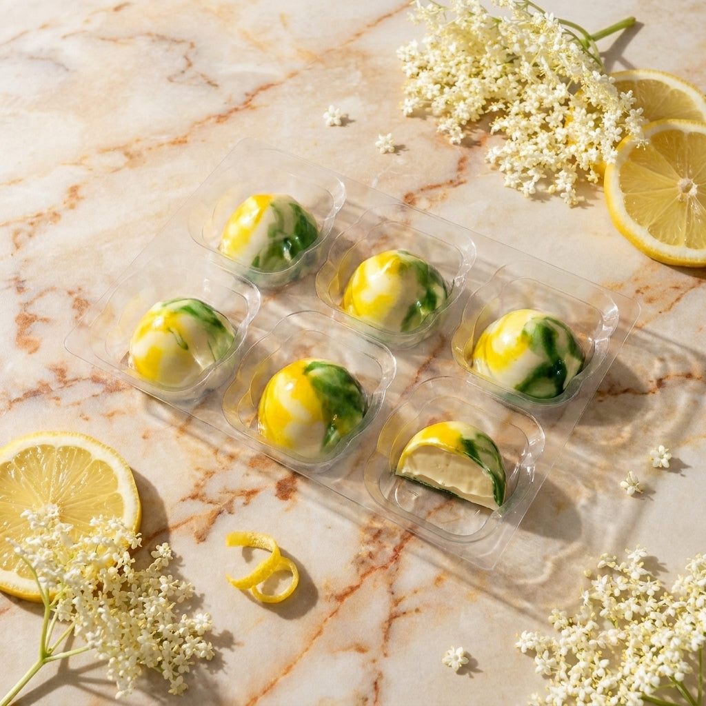 Lemon elderflower chocolates with lemon slices and flowers on a marble surface