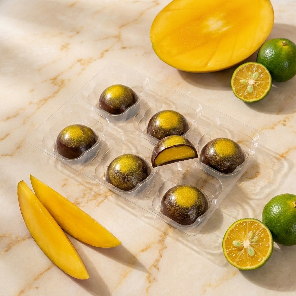 Packaged mango calamansi chocolates on a marble surface with mangoes and limes.
