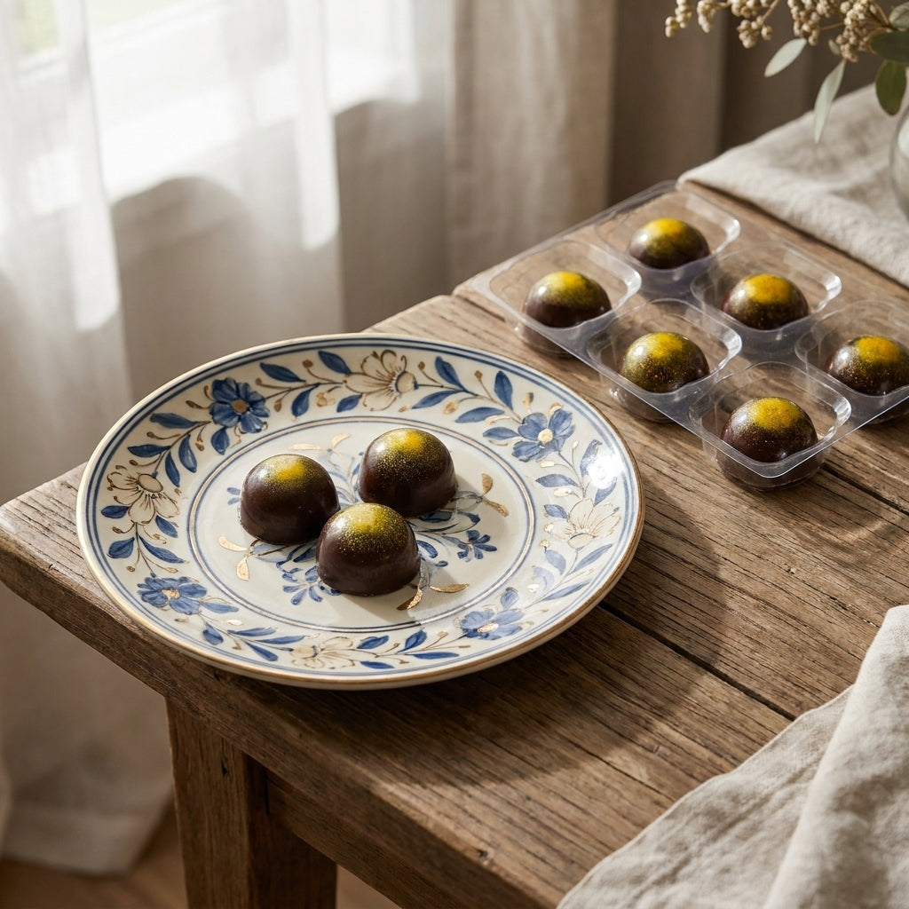 Decorative plate with floral patterns holding mango calamansi chocolates on a wooden table.