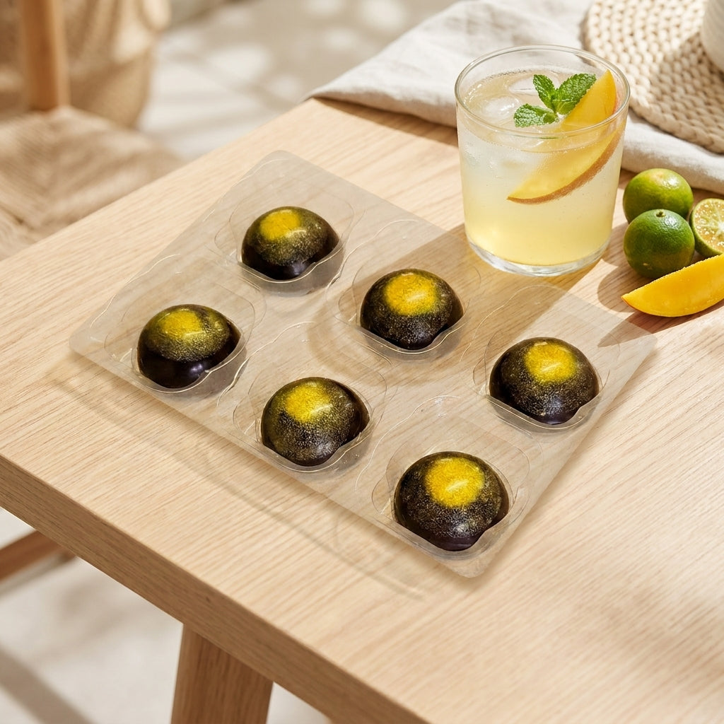 Six mango calamansi chocolates in a clear tray, accompanied by a glass of lemonade with ice and a slice of lemon on a wooden table.