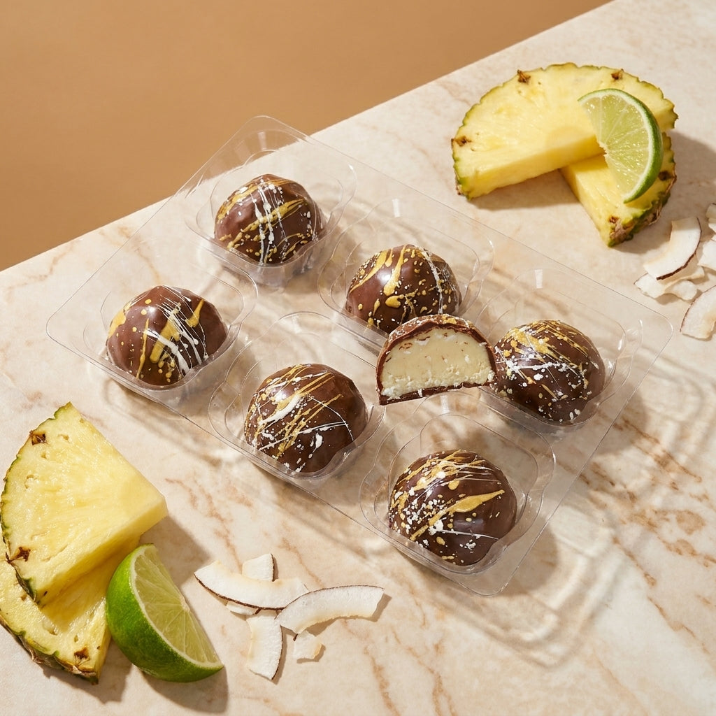 Chocolate truffles in a clear packaging with pineapple slices and lime wedges on a marble surface.