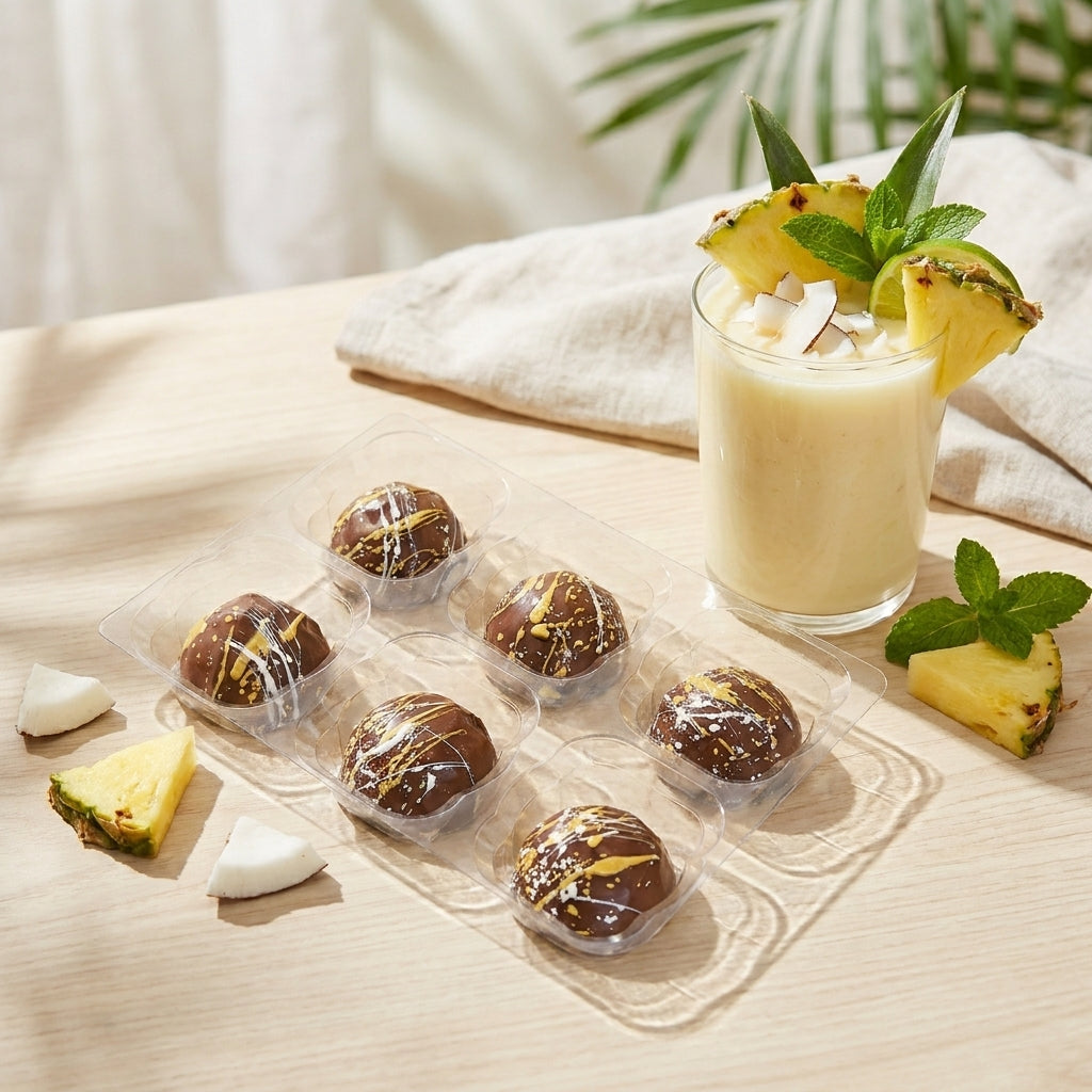 Glass of pina colada with ice cubes, garnished with pineapple slices and mint leaves, on a wooden surface with chocolate truffles and pineapple pieces.
