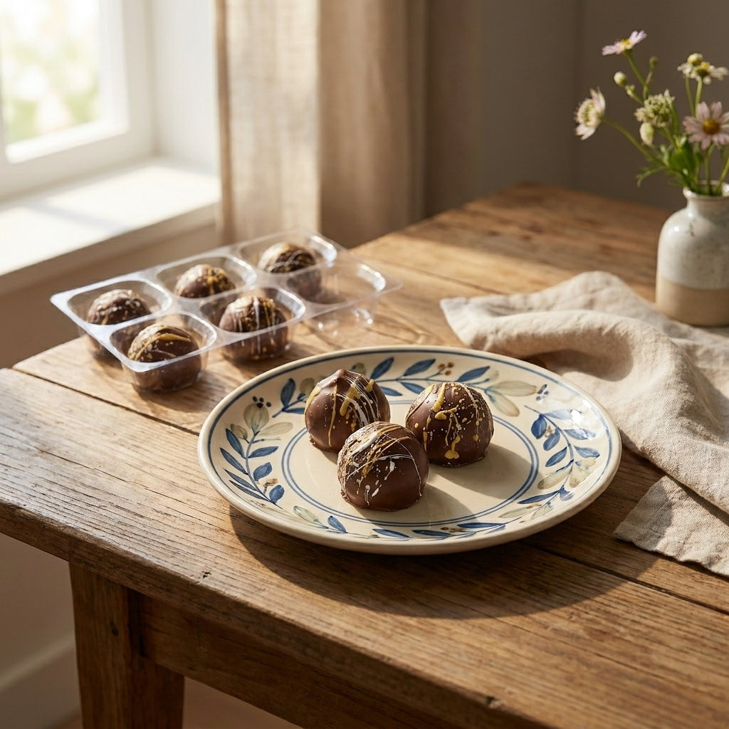 Decorative plate with artisan chocolates on a wooden table near a window with natural light.