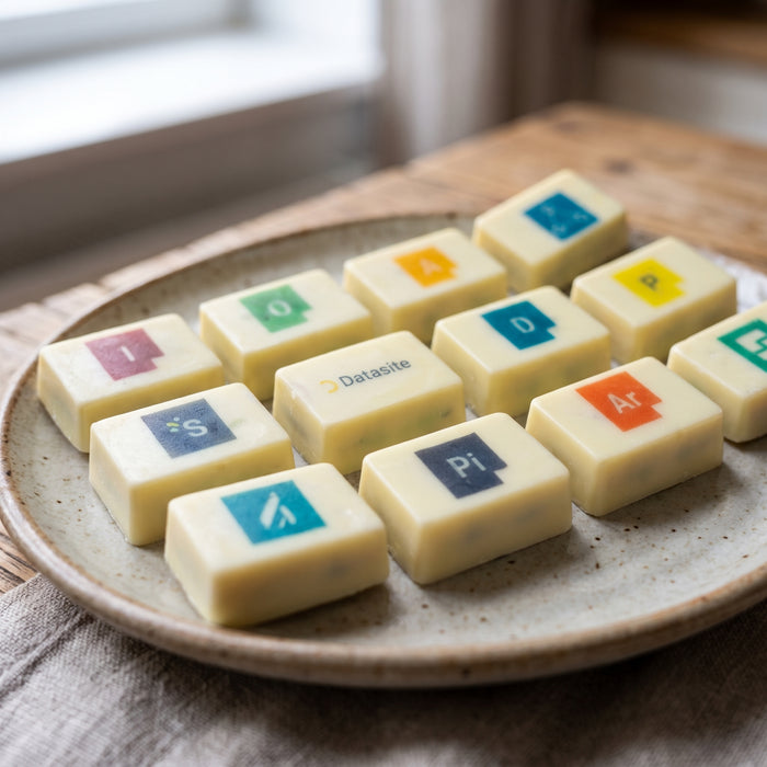 A set of branded white chocolate with colourful software and programming logo designs, arranged on a speckled ceramic plate on a wooden table.
