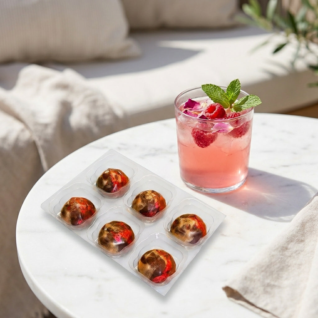 Pink cocktail with raspberries and mint leaves on a white table, next to a tray of raspberry rose chocolates