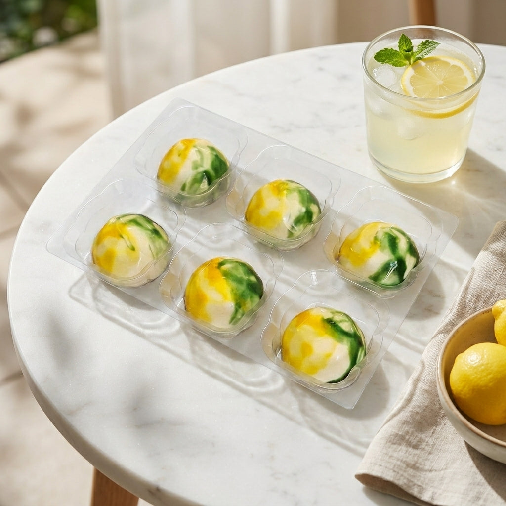 Tray of lemon elderflower chocolates with a glass of lemonade on a marble table.