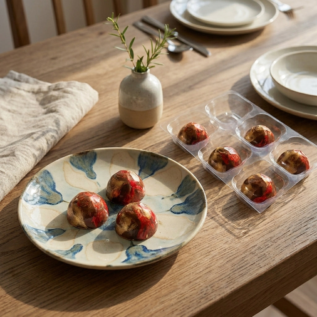 Raspberry rose chocolates on a plate with a small vase and additional dessert in a container on a wooden table.