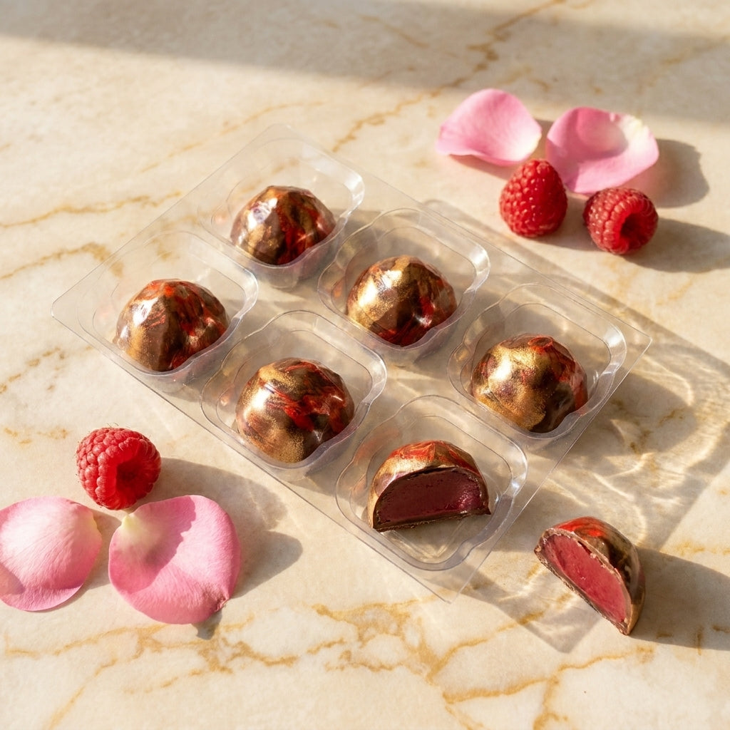Packaged chocolates with raspberries and pink petals on a marble surface