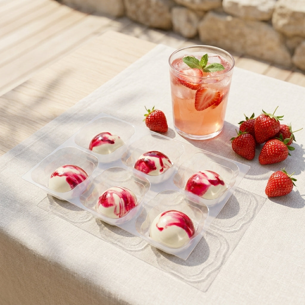 Tray of strawberry cream chocolates with a glass of pink drink and strawberries on a stone surface.