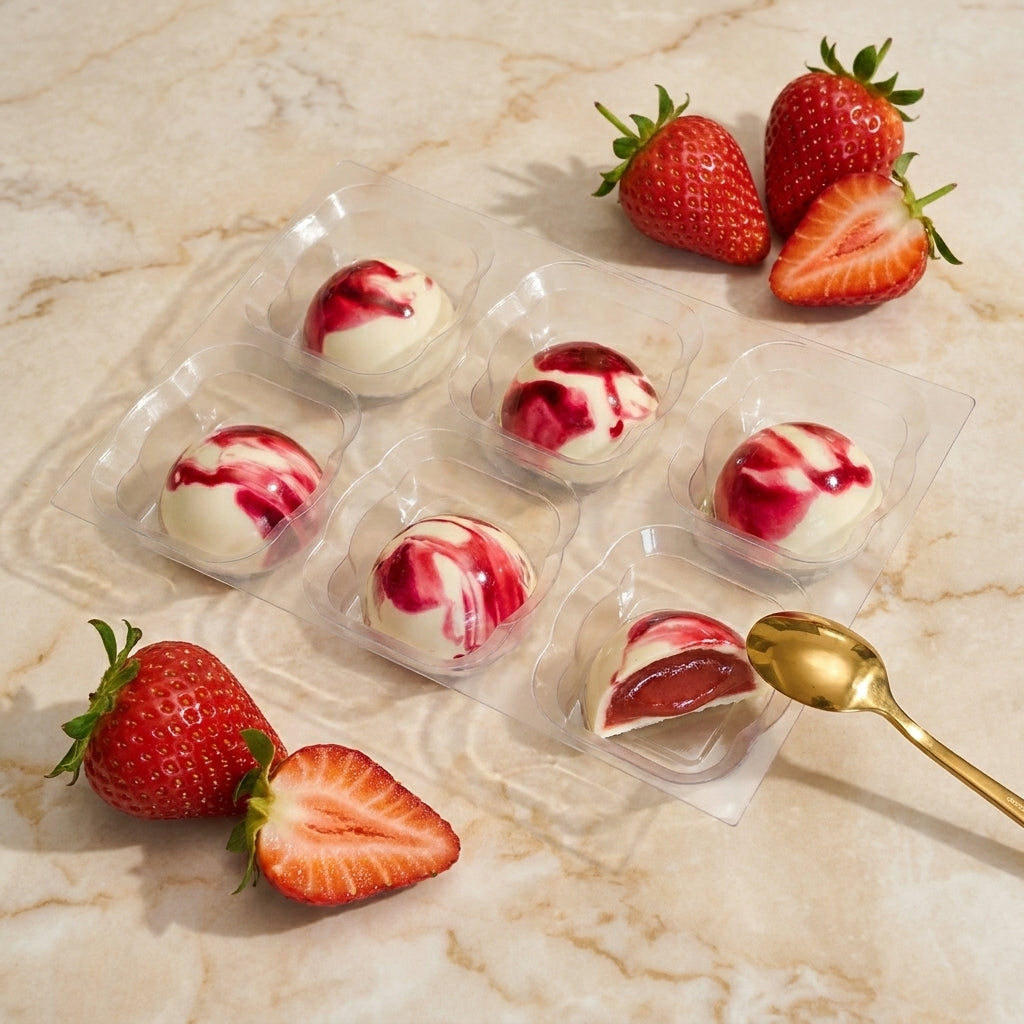 Six strawberry cream chocolates on a marble surface with strawberries and a spoon.