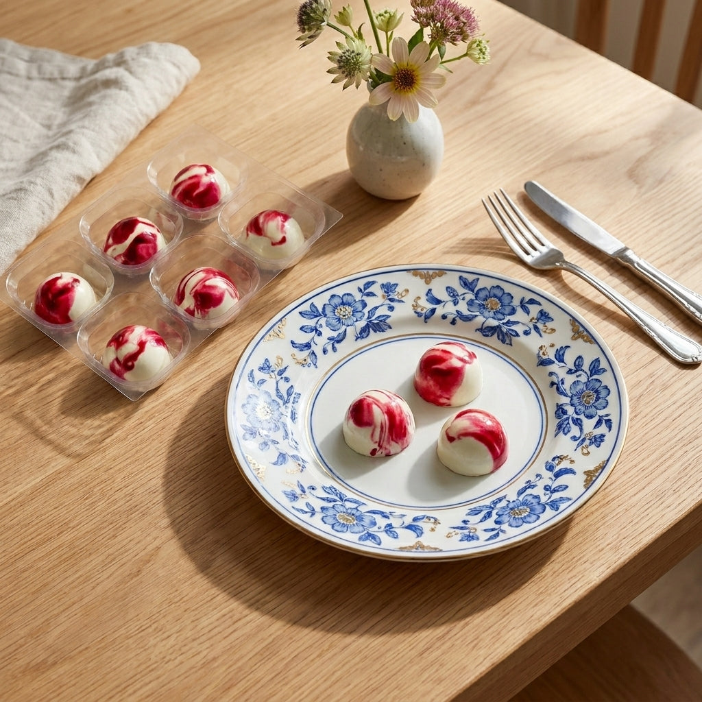 Decorative plate with strawberry cream chocolates on a wooden table with a vase of flowers and cutlery.
