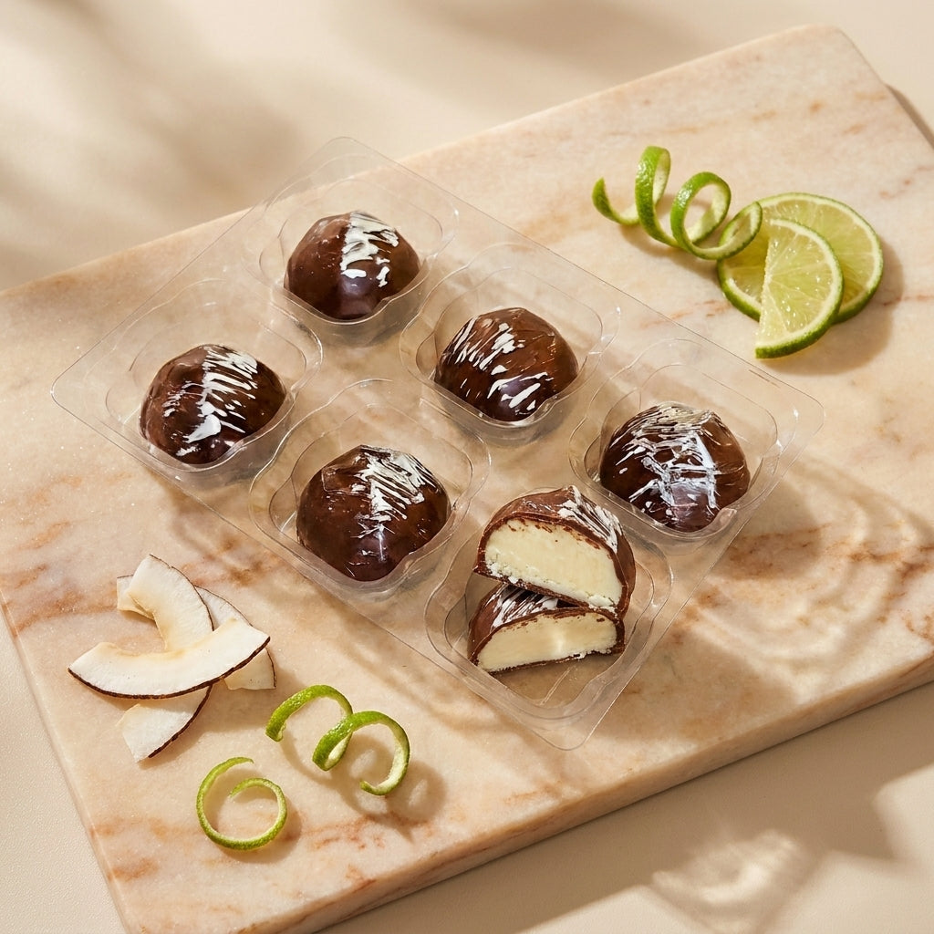 Tropical coconut chocolates in clear packaging on a marble surface with lime slices and coconut pieces.