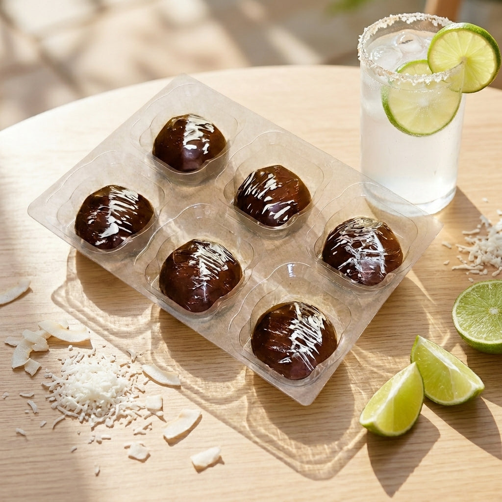6 Tropical Coconut chocolates next to a glass of lemonade