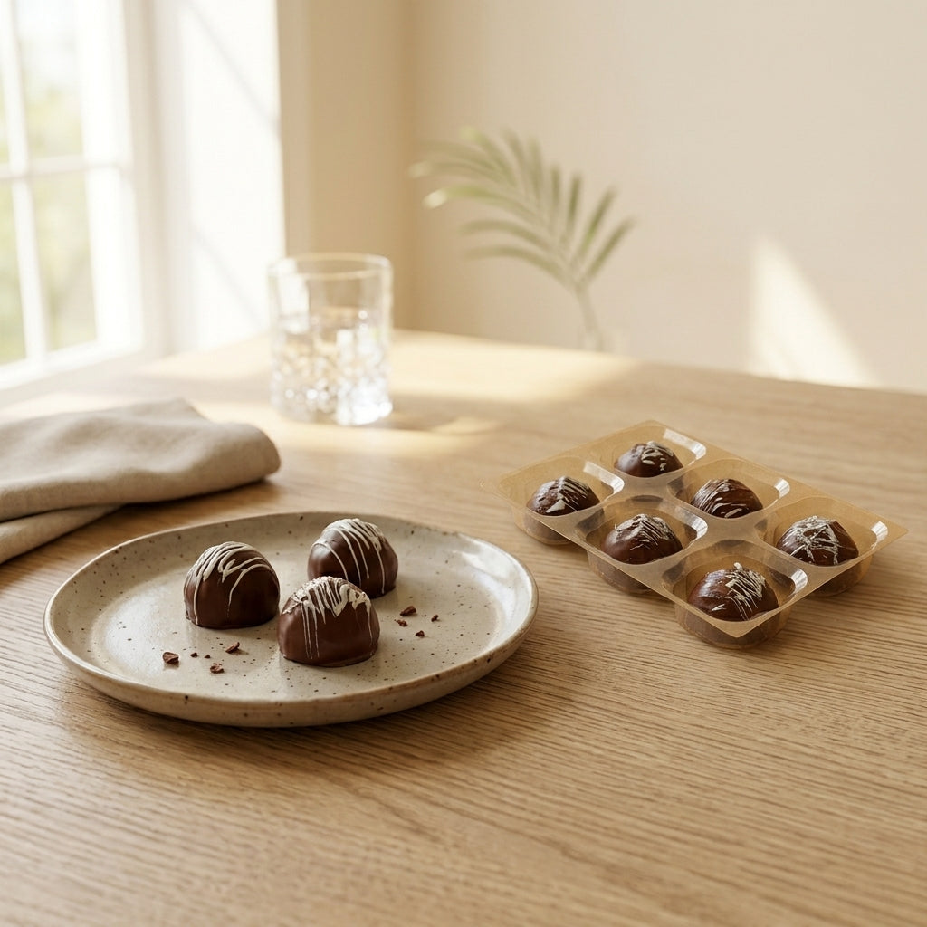Chocolate truffles on a ceramic plate and in a transparent container on a wooden table.