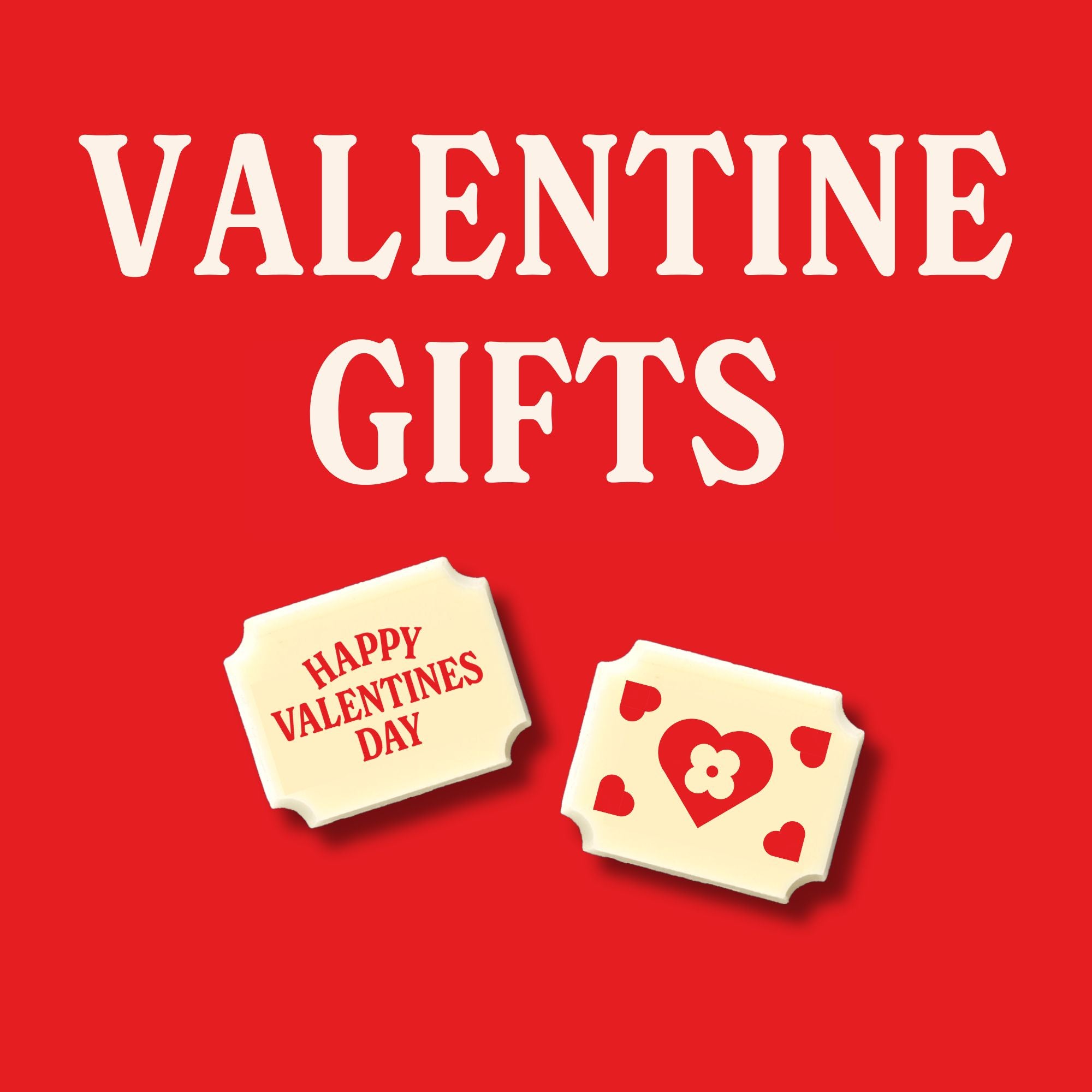 Valentine's Day luxury white chocolates on a red background with 'Happy Valentine's Day' text.