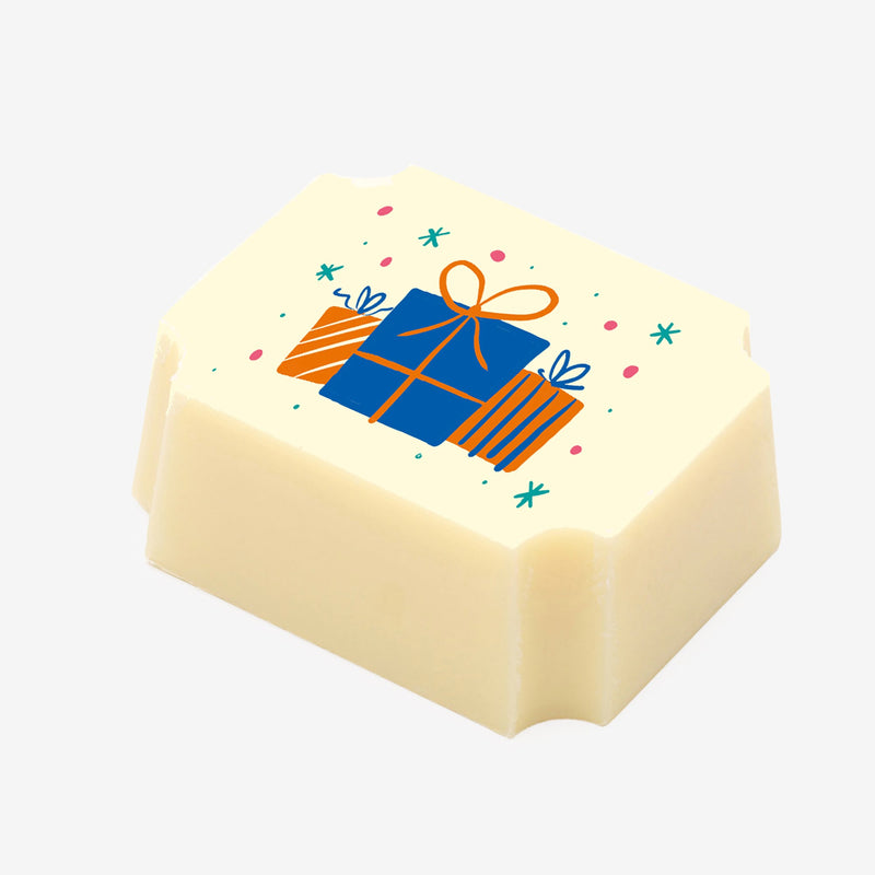 A white chocolate featuring colourful Birthday gifts