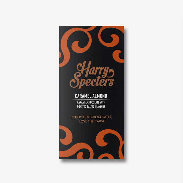 A milk chocolate bar with almonds in colourful packaging by Harry Specters