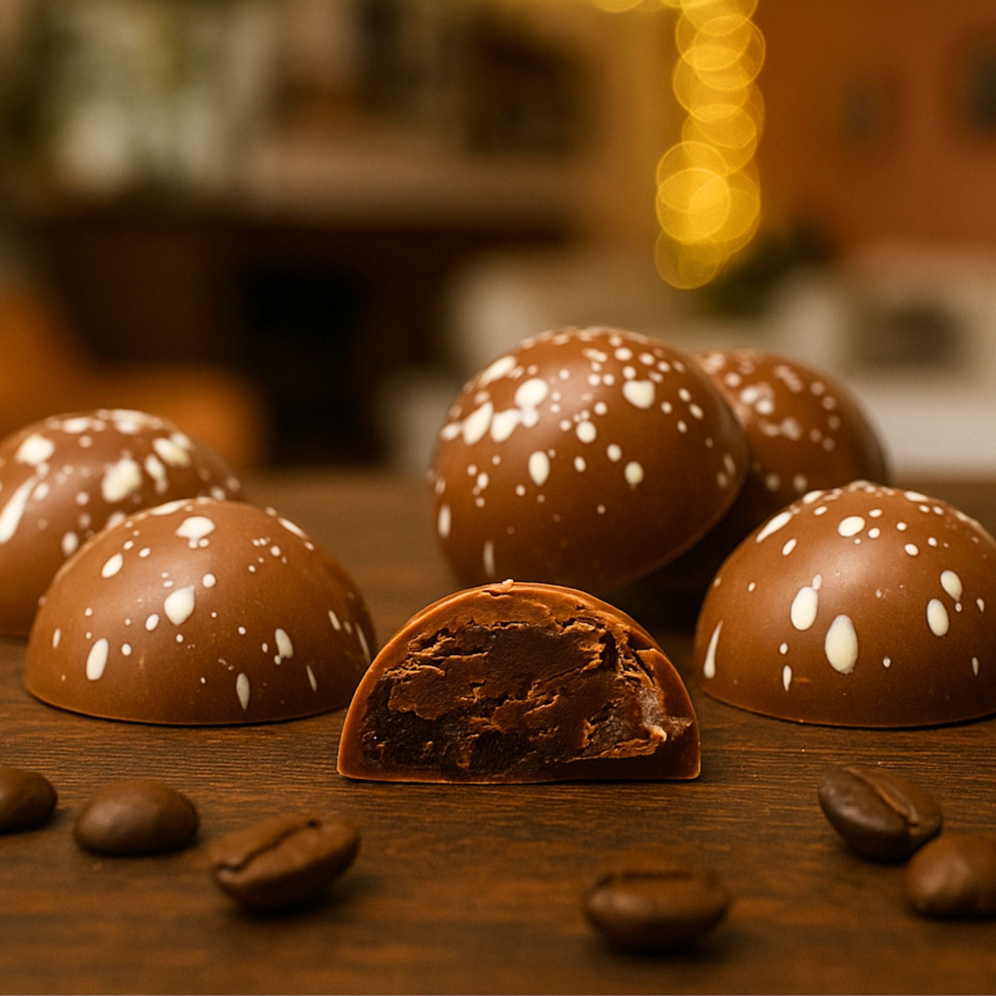 Caramel latte chocolates with a few cut open on a wooden surface, blurred background
