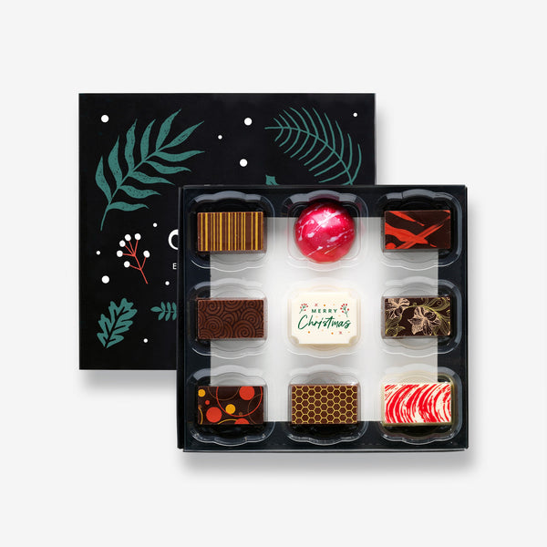 A festive box of 9 artisan chocolates colourfully decorated and featuring one Christmas themed design