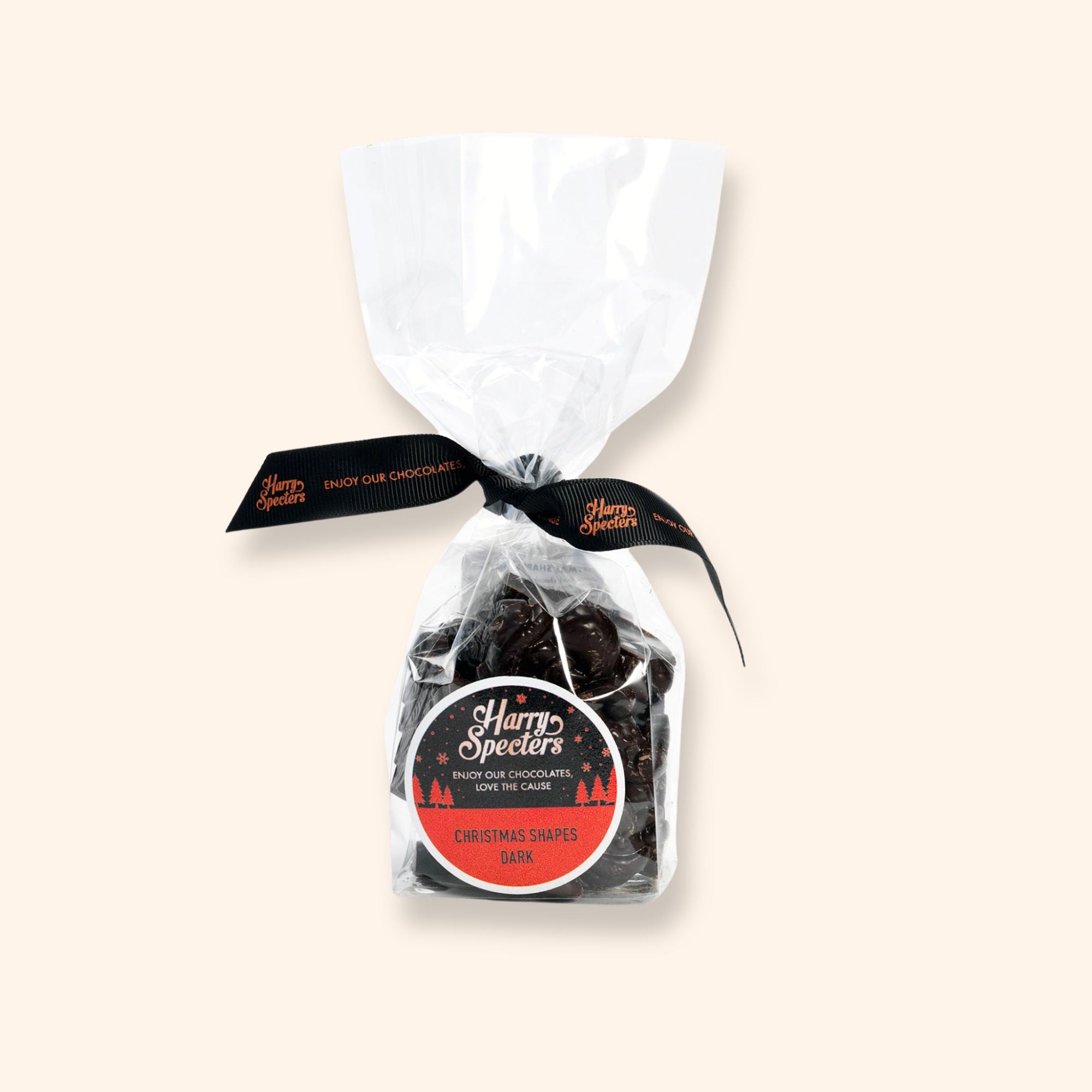 A bag of dark chocolate Christmas shapes