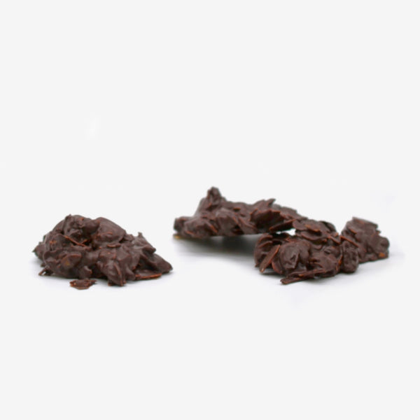 A pile of dark chocolate clusters with almonds
