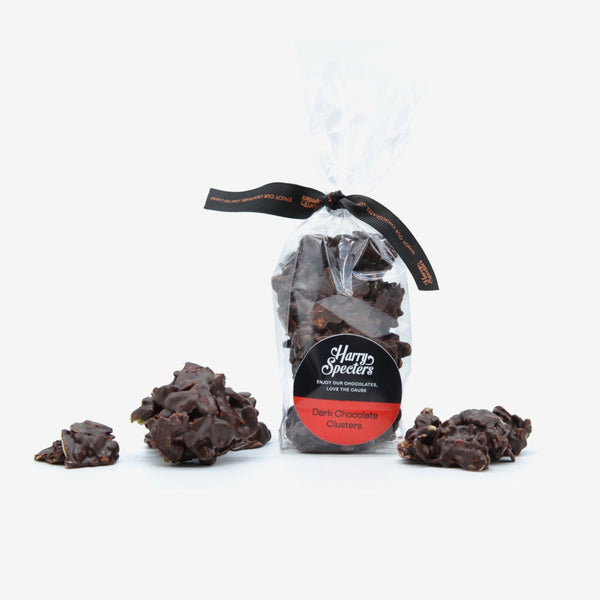 A bag of dark chocolate clusters with almonds
