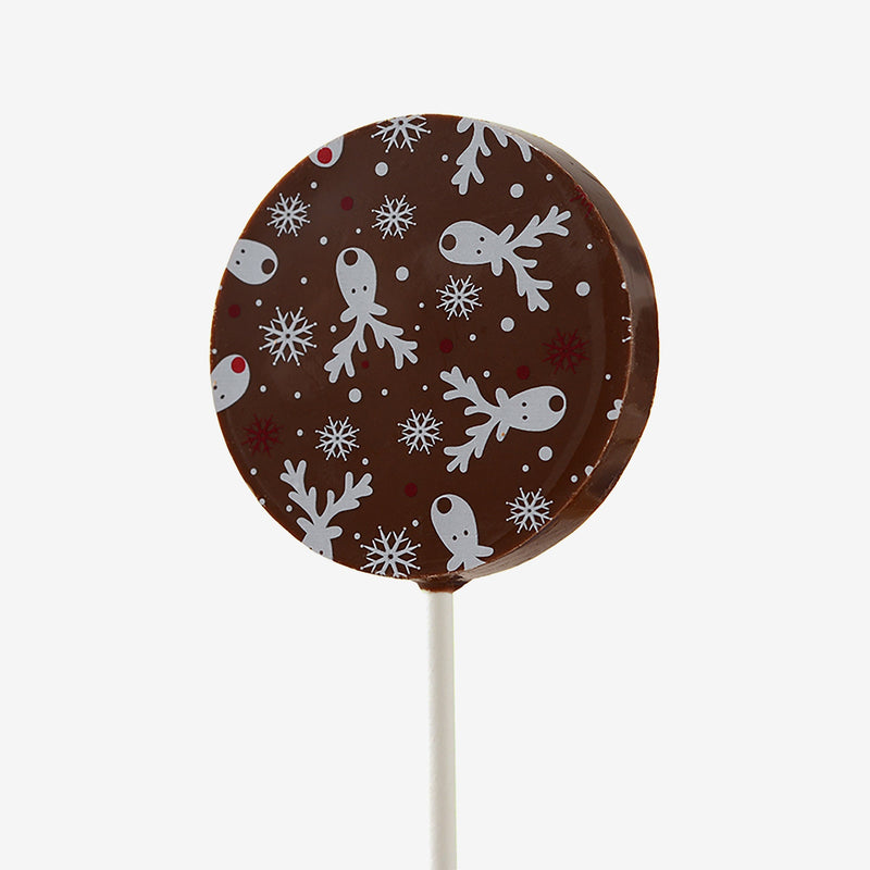 A dark chocolate lollipop featuring a Christmas reindeer design