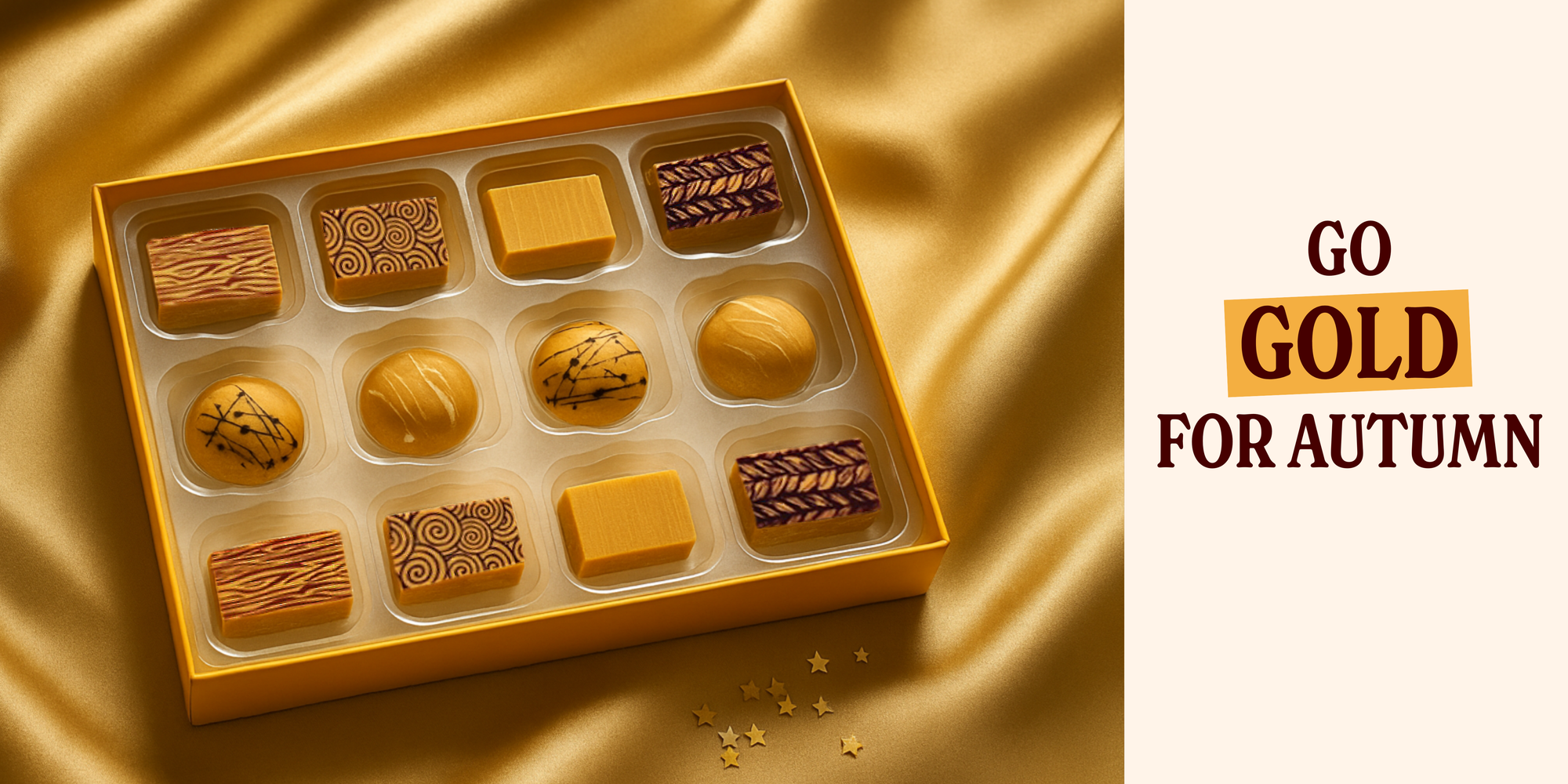 Assorted luxury chocolates in a gold box on a gold background with 'Go Gold for Autumn' text.