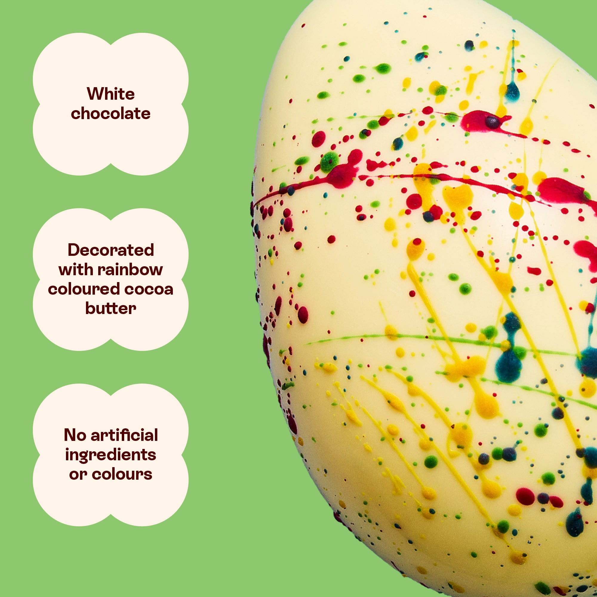 Rainbow Easter Egg, white chocolate decorated with rainbow cocoa butter, nothing artificial
