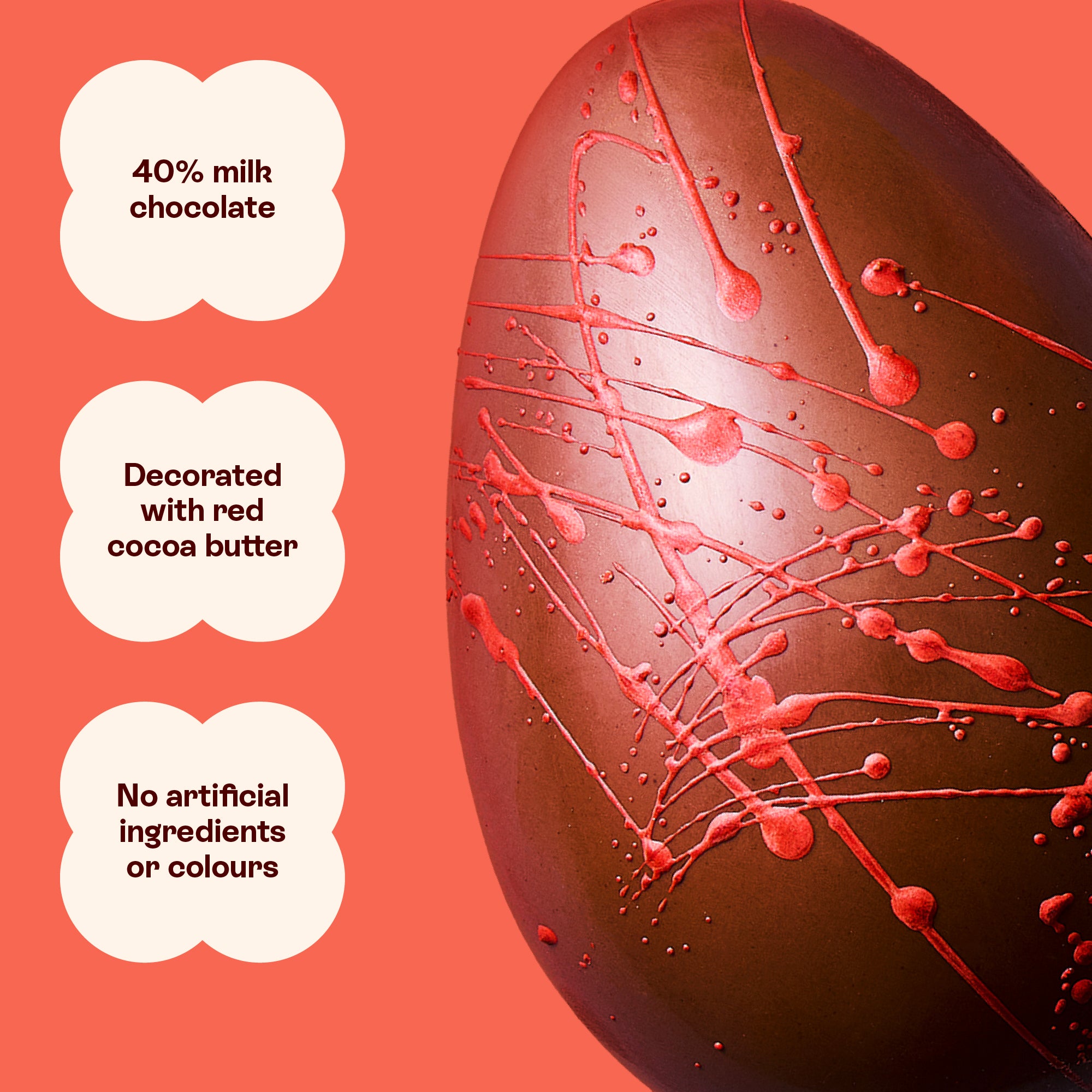 Speckled Easter Egg, milk chocolate decorated with red cocoa butter, nothing artificial