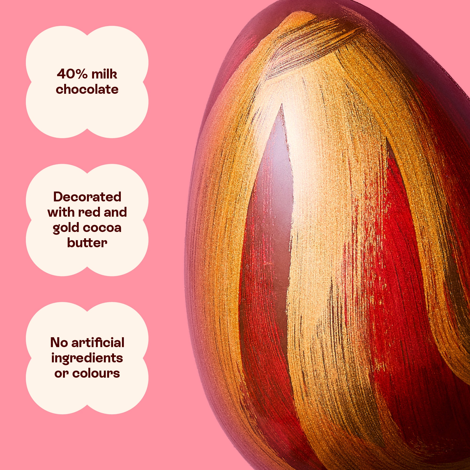 Swirly Easter Egg, milk chocolate decorated with red and gold cocoa butter, nothing artificial