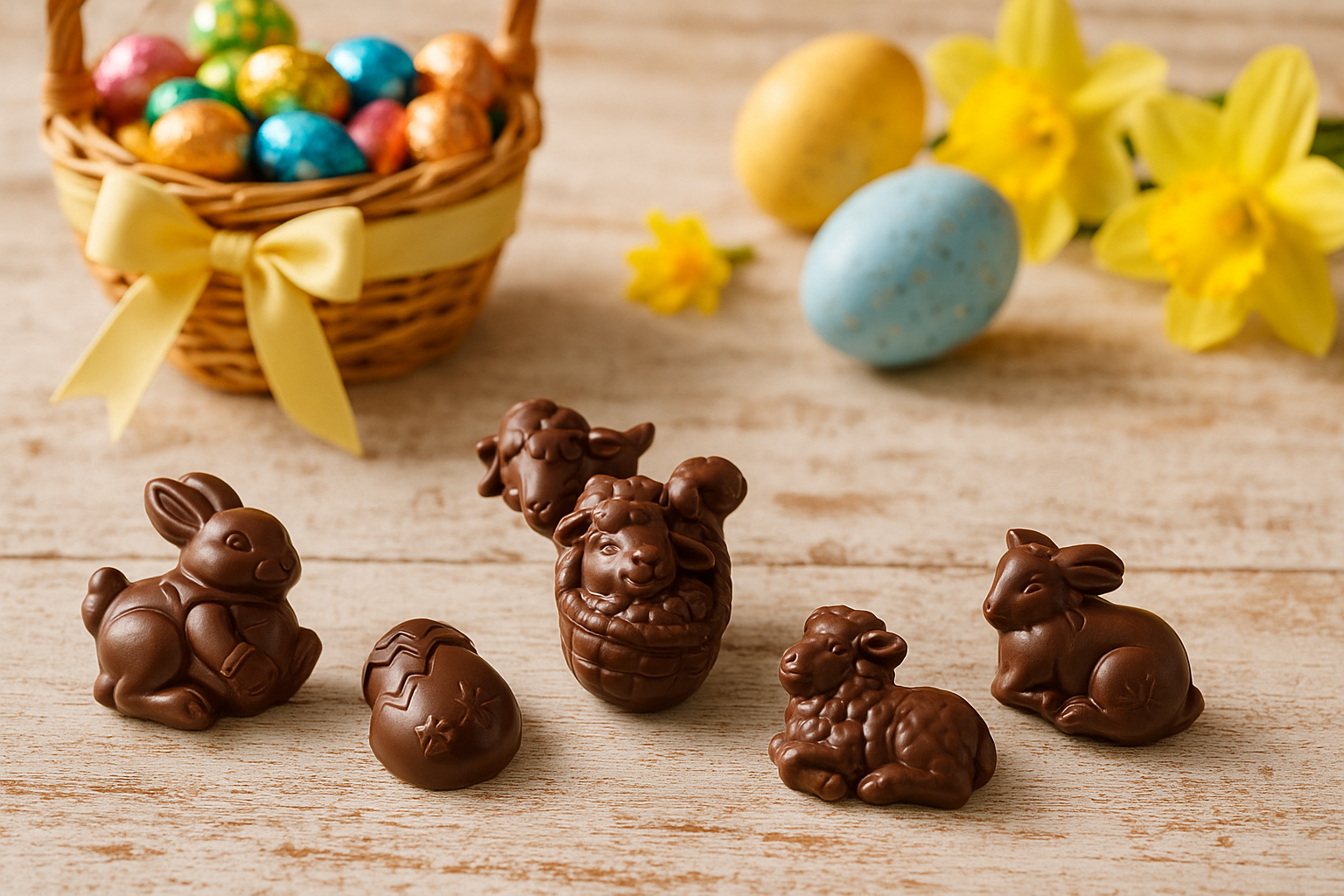 Chocolate Easter bunnies and eggs on a wooden surface with a basket of colorful eggs and flowers.