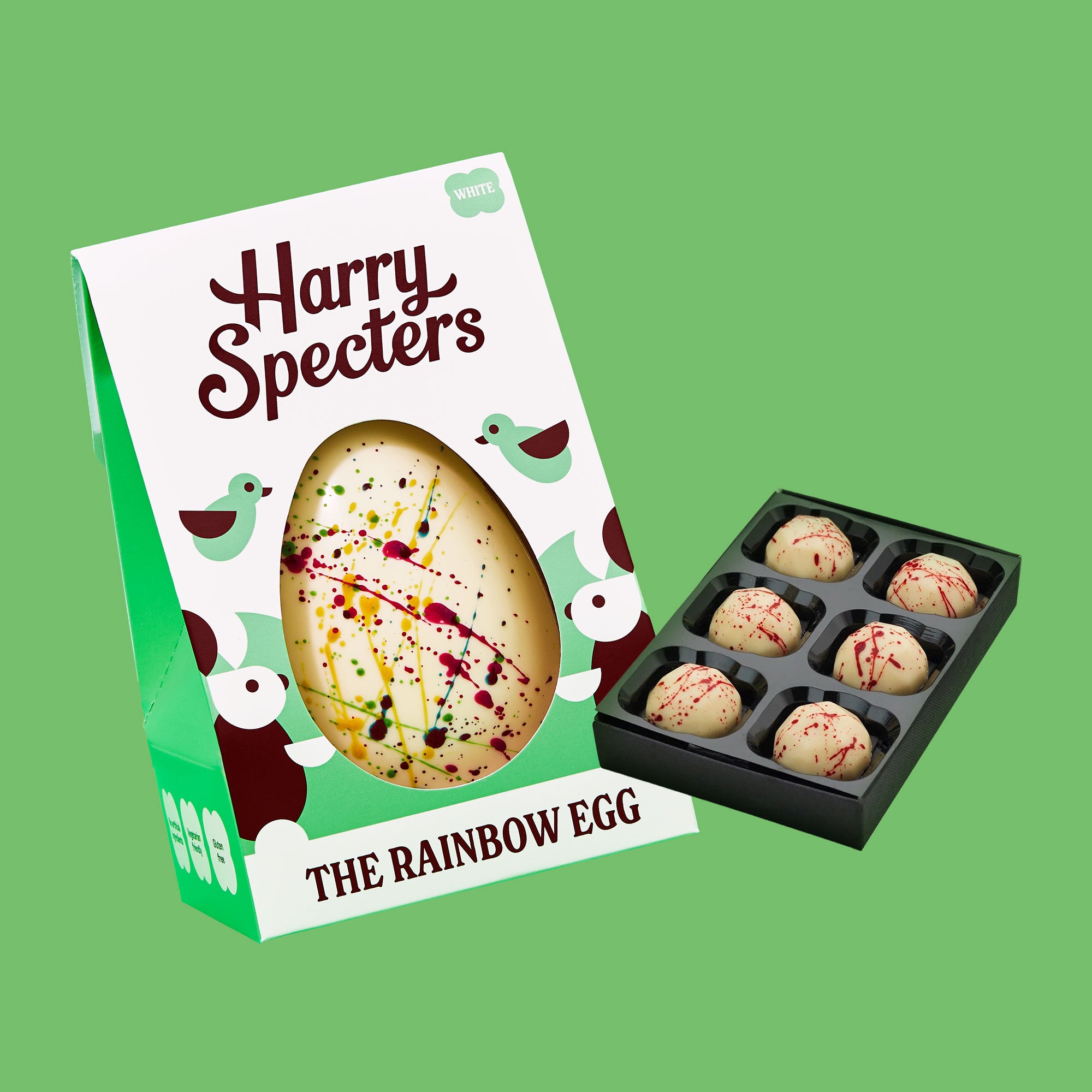 A Rainbow white chocolate Easter egg with a box of 6 luxury chocolates