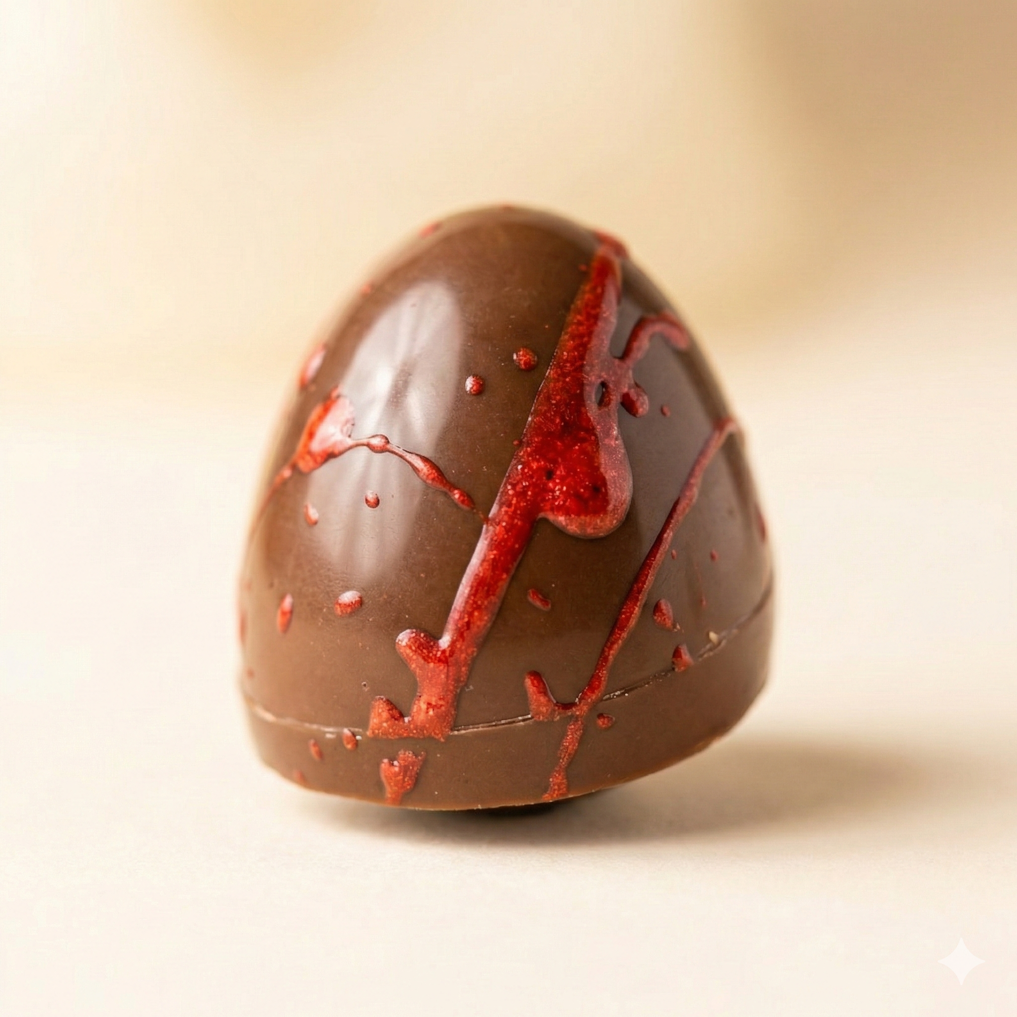 Chocolate mini egg with red drizzle on a beige background