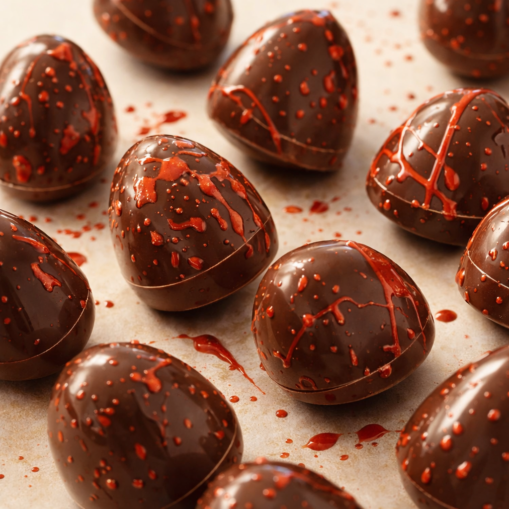 Chocolate mini eggs with red drizzle on a light brown surface