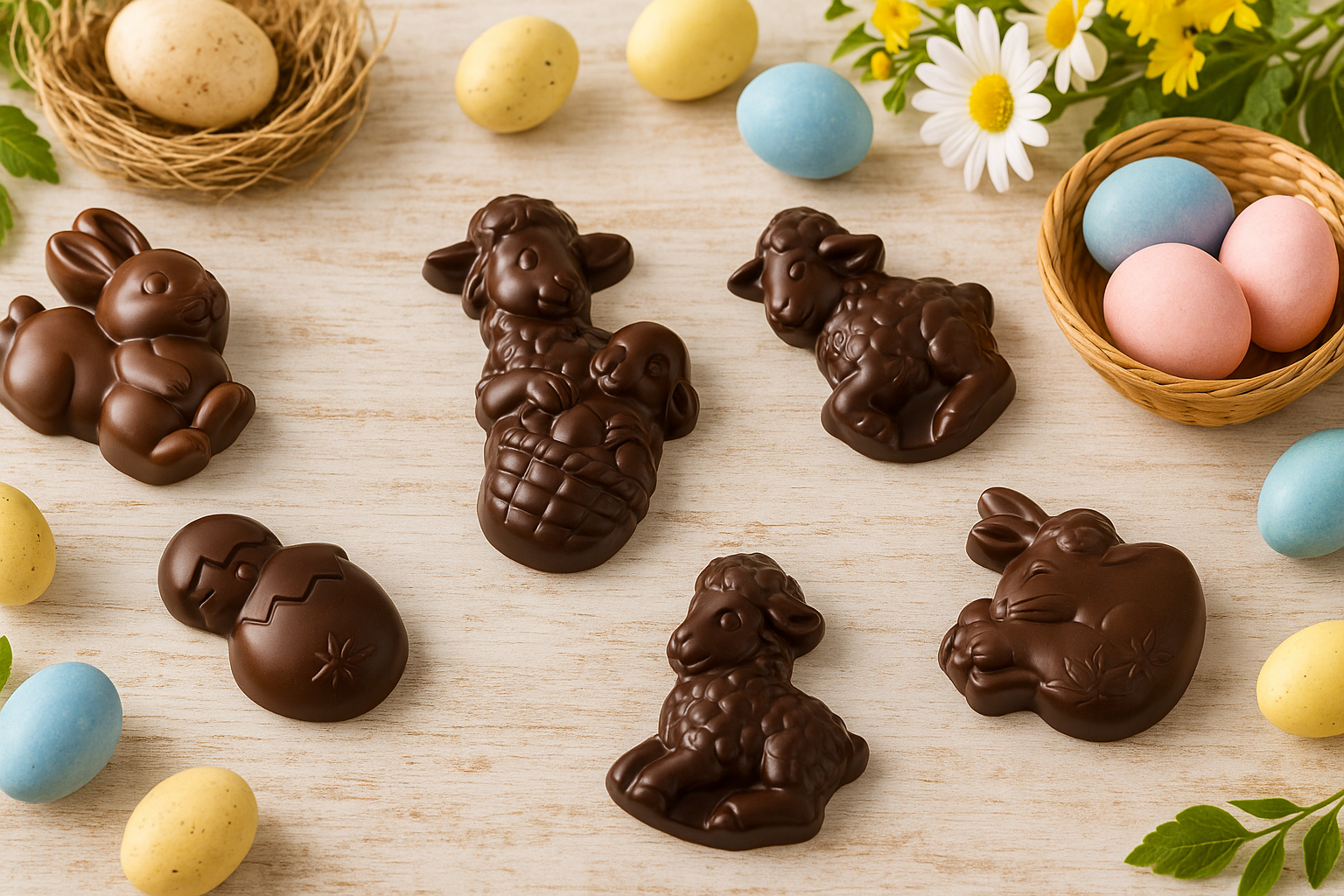 Dark chocolate shaped like bunnies and chicks on a wooden surface with Easter eggs and flowers.