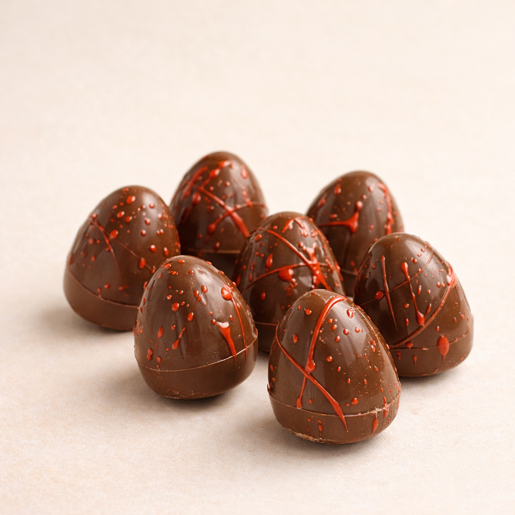 Chocolate mini eggs with red drizzle on a beige background