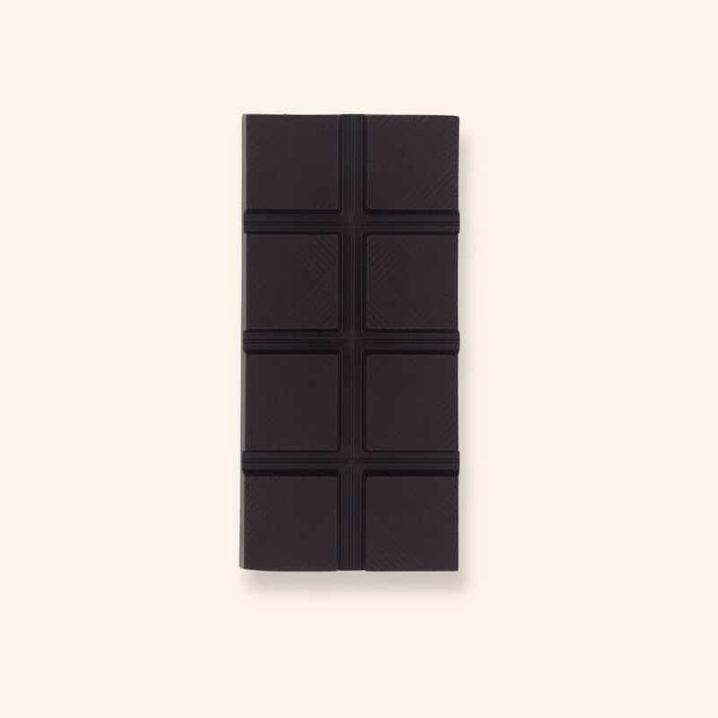 A dark vegan chocolate bar filled with orange caramel